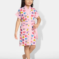 Be You Hearts Pink Conversational Cotton Drawstring Knee Length Bath Robe