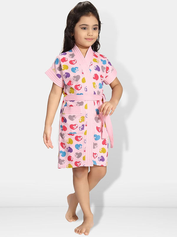 Be You Hearts Pink Conversational Cotton Drawstring Knee Length Bath Robe