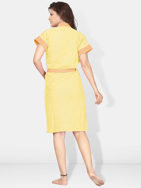 Be You Two-Tone Yellow Solid Cotton Drawstring Knee Length Bath Robe-L/XL