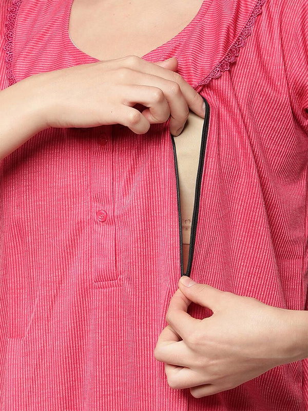 Be You Pink Synthetic Striped Maternity / Feeding Gown for women