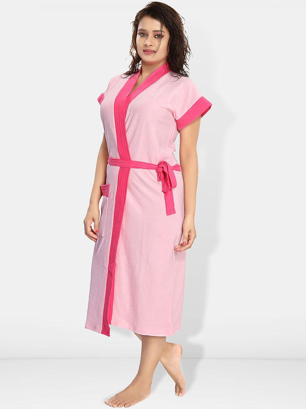 Be You Pink Solid Cotton Drawstring Knee Length Bath Robe-L/XL
