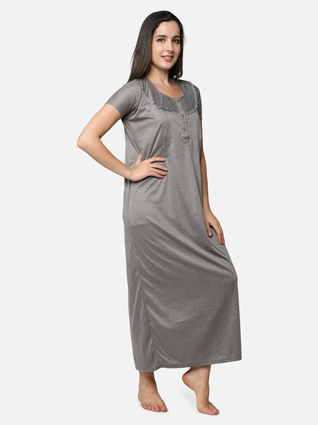 Be You Women Grey Printed Maxi Maternity Nightdress