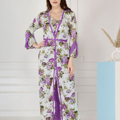 Be You Floral Printed Shoulder Straps Satin Maxi Nightdress With Robe
