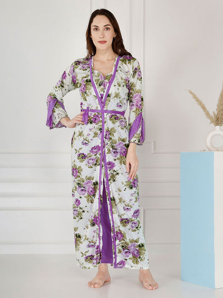 Be You Floral Printed Shoulder Straps Satin Maxi Nightdress With Robe