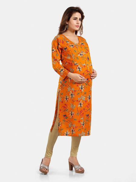 Be You Floral Printed Round Neck Maternity Straight Kurta
