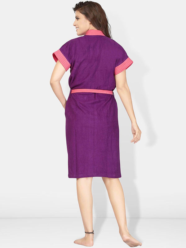 Be You Violet Solid Cotton Drawstring Knee Length Bath Robe