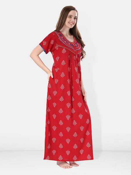 Be You Ethnic Printed Embroidered Maxi Nightdress