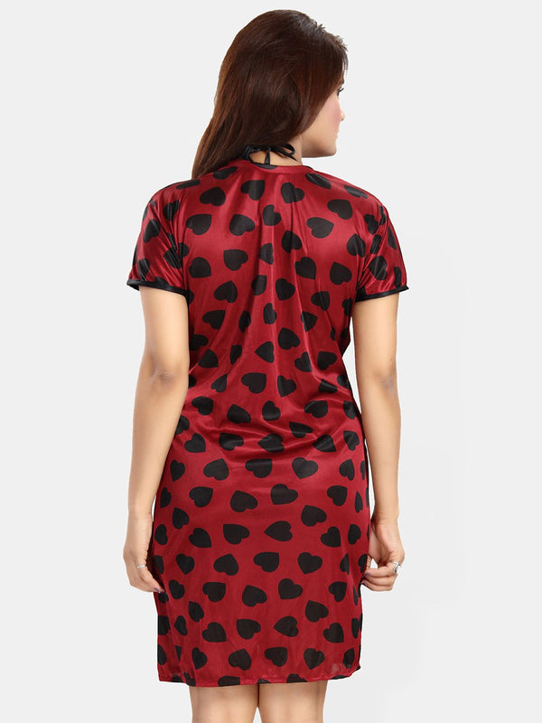 Be You Women V-Neck Printed Satin Nightdress