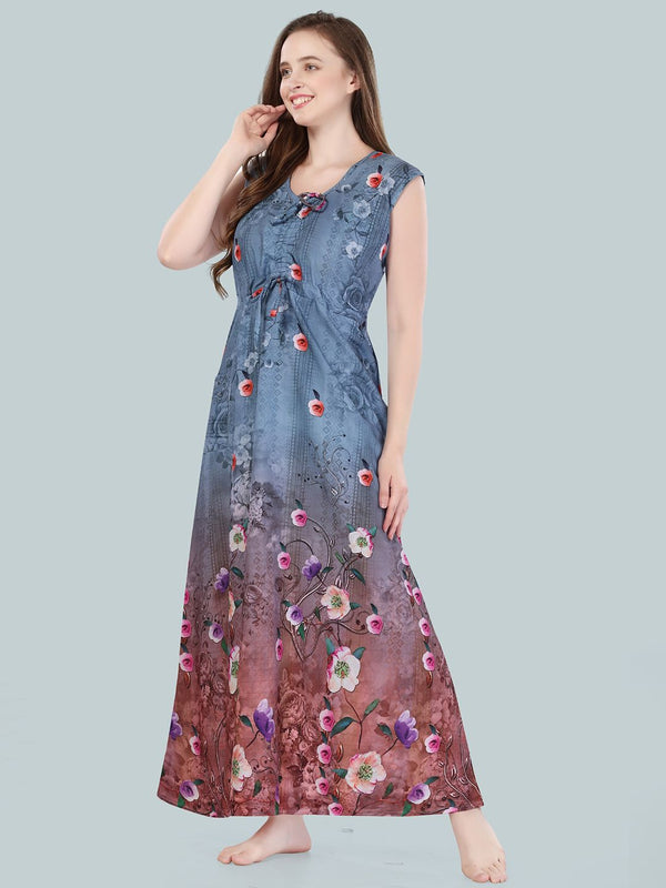 Be You Women Grey Floral Printed Maxi Nightdress