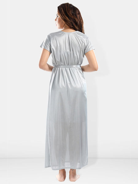 Be You Shoulder Straps Laced Nightdress With Satin Robe And Briefs