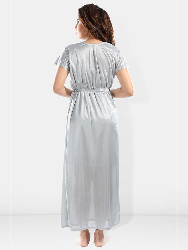 Be You Shoulder Straps Laced Nightdress With Satin Robe And Briefs