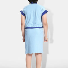 Be You Two-Tone Blue Solid Cotton Drawstring Knee Length Bath Robe