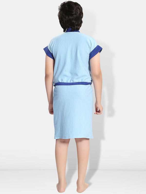 Be You Two-Tone Blue Solid Cotton Drawstring Knee Length Bath Robe