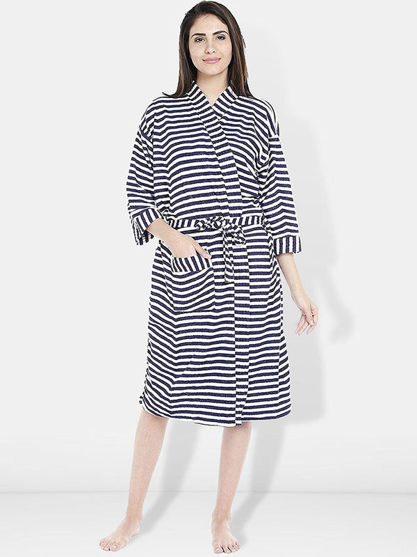 Be You Blue Striped Cotton Drawstring Knee Length Bath Robe-2XL