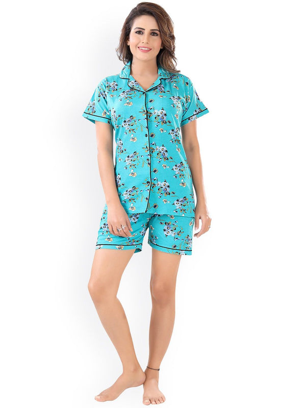 Be You Women Turquoise Blue & Green Printed Pajama & Shorts with Shirt Night Suits