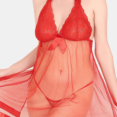 Be You Self Design Halter Neck Tie-Ups Net Baby Doll With Brief