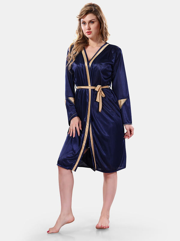 Be You Solid Lace Details Satin Nighty with Robe