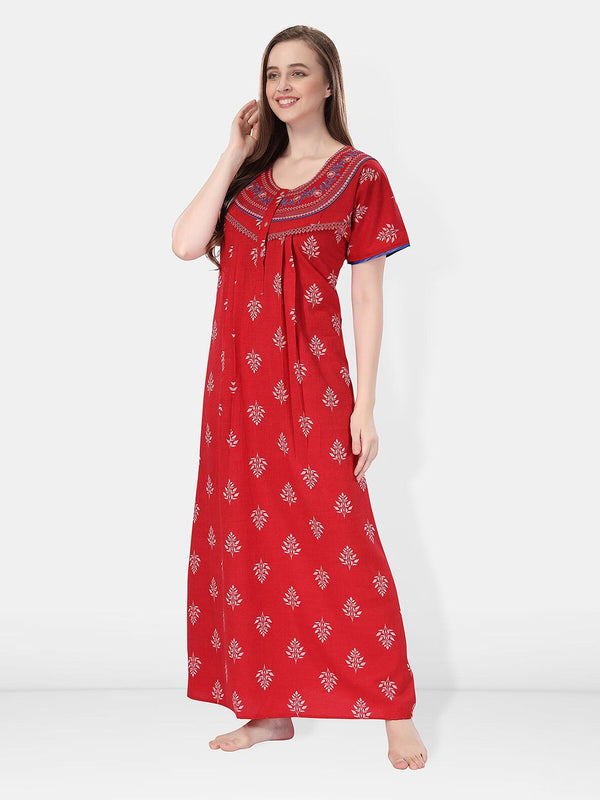 Be You Ethnic Printed Embroidered Maxi Nightdress