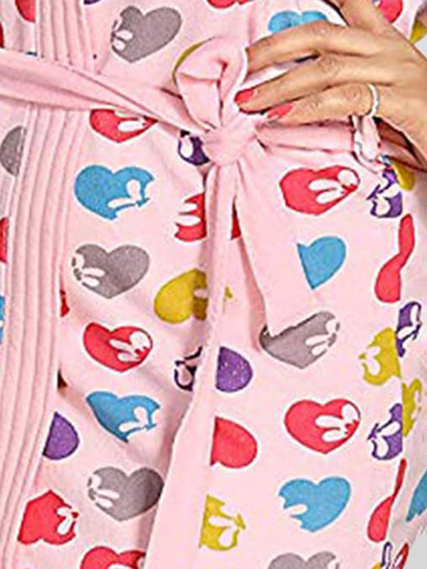 Be You Hearts Pink Conversational Cotton Drawstring Knee Length Bath Robe