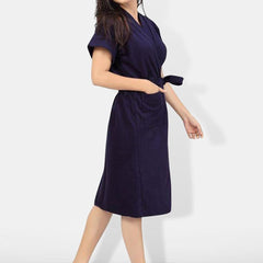 Be You Navy Blue Solid Cotton Drawstring Knee Length Bath Robe-L/XL