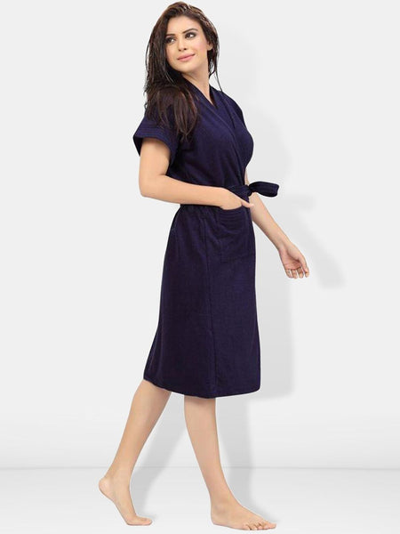 Be You Navy Blue Solid Cotton Drawstring Knee Length Bath Robe-L/XL