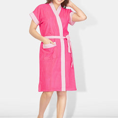 Be You Pink Solid Cotton Drawstring Knee Length Bath Robe-L/XL