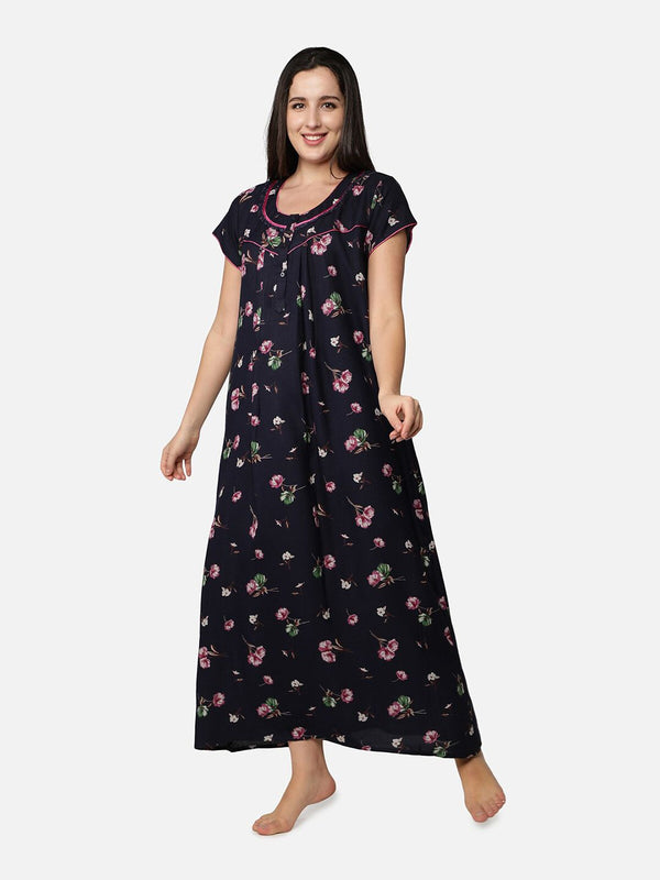 Be You Blue Printed Maxi Nightdress Alpine Feeding / Maternity Gown For Women
