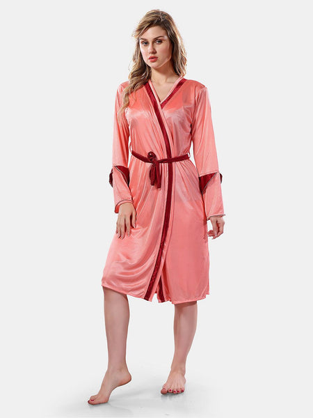 Be You Solid Lace Details Satin Nighty with Robe
