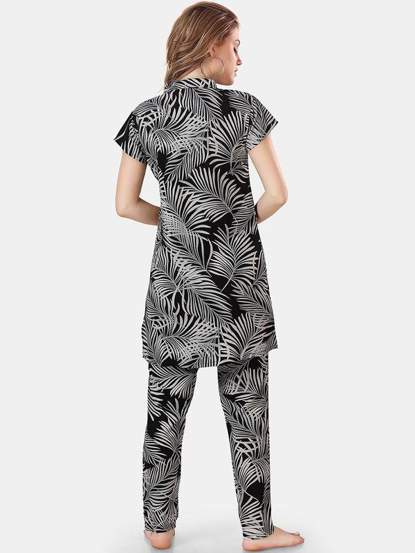 Be You Tropical Printed Mandarin Collar Longline Night Suit
