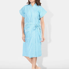 Be You Blue Striped Cotton Drawstring Knee Length Bath Robe-2XL
