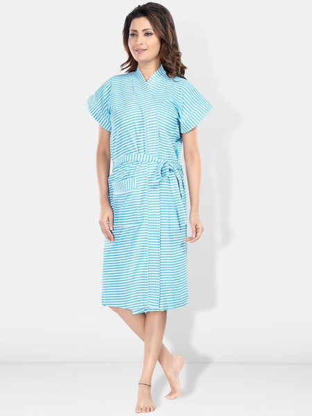 Be You Blue Striped Cotton Drawstring Knee Length Bath Robe-2XL