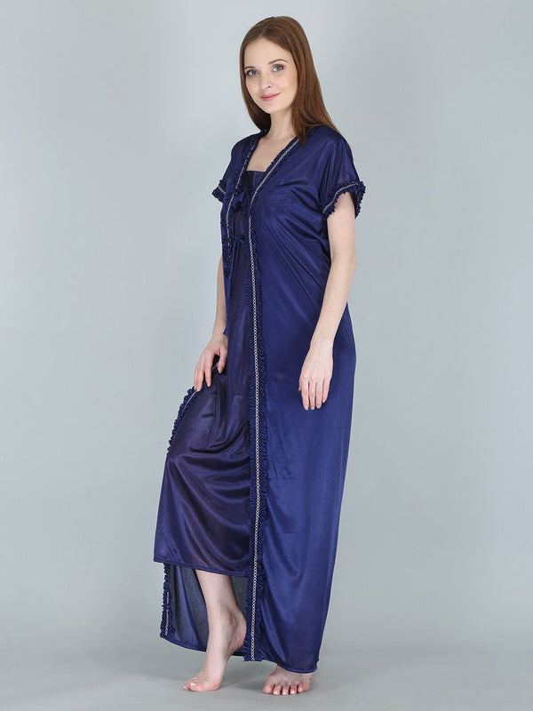 Be You Women Navy Blue Maxi Satin Nightdress