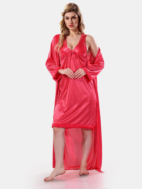 Be You V-Neck Lace Up Details Satin Maxi Nightdress With Robe
