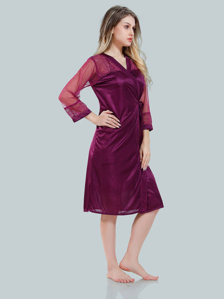 Be You Solid Lace Details Satin Nighty with Robe