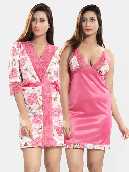 Be You Women Floral Printed Sleeveless Satin Wrap Nightdress With Robe