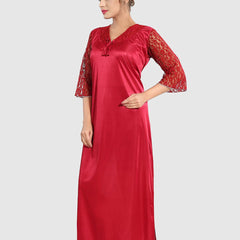 Be You Women Solid Satin Three-Quarter Sleeves Maxi Everyday Nightdress