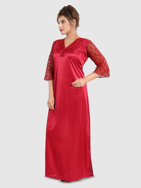 Be You Women Solid Satin Three-Quarter Sleeves Maxi Everyday Nightdress