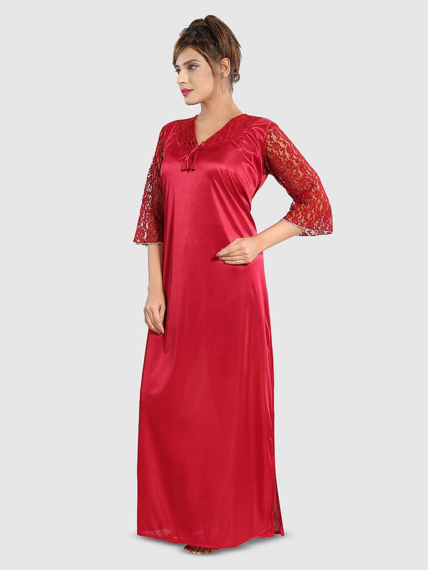 Be You Women Solid Satin Three-Quarter Sleeves Maxi Everyday Nightdress