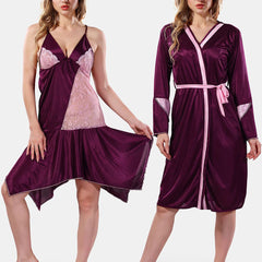 Be You Solid Lace Details Satin Nighty with Robe