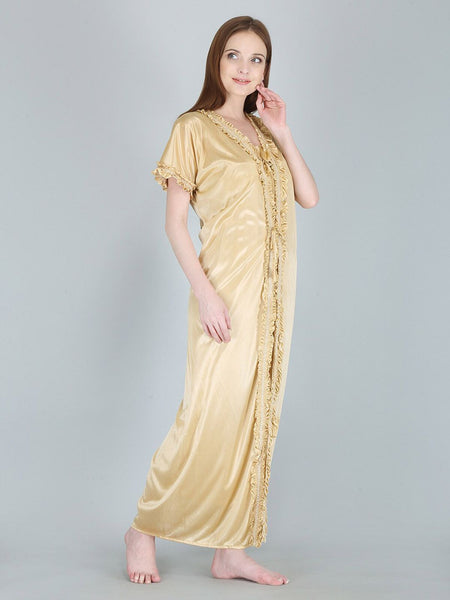 Be You Cream-Coloured Solid Satin Maxi Nightdress