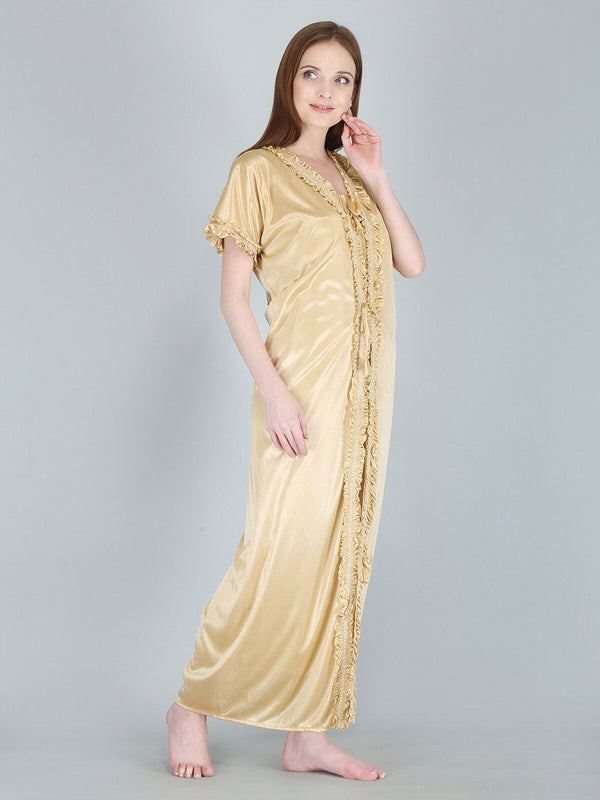 Be You Cream-Coloured Solid Satin Maxi Nightdress