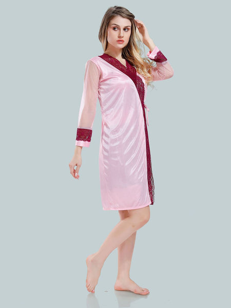 Be You Solid Lace Details Satin Nighty with Robe