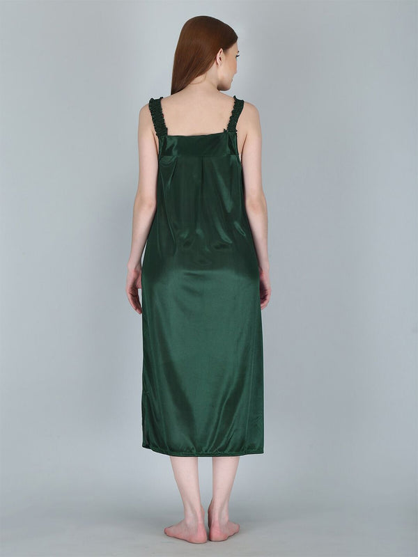 Be You Women Green Solid Satin Maxi Nightdress With Robe