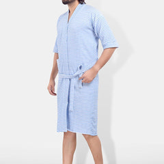 Be You Blue Striped Cotton Drawstring Knee Length Bath Robe-3XL