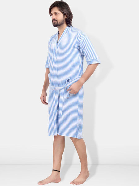 Be You Blue Striped Cotton Drawstring Knee Length Bath Robe-3XL