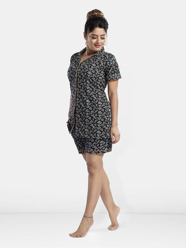 Be You Lapel Collar Ethnic Motifs Printed Night suit