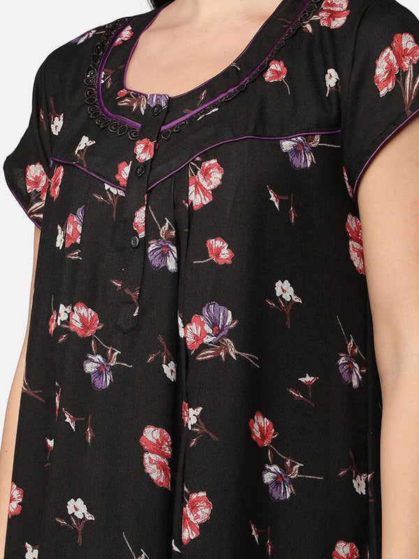 Be You Black Floral Printed Maxi Nightdress