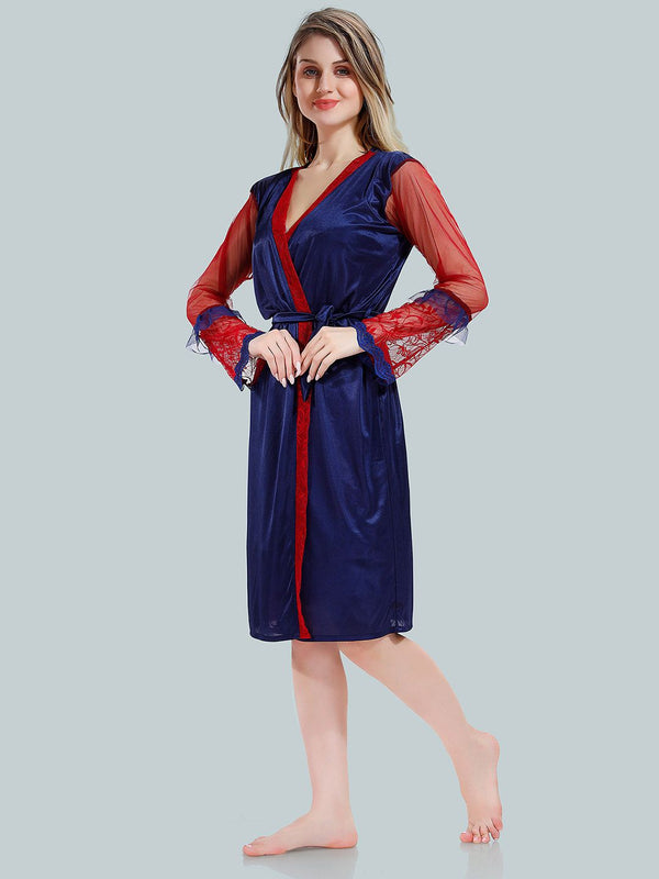 Be You Solid Lace Details Satin Nighty with Robe
