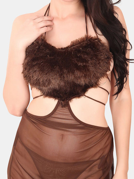 Be You Self Design Fur Detail Halter Neck Baby Doll & Briefs