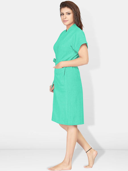 Be You Sea Green Solid Cotton Drawstring Knee Length Bath Robe